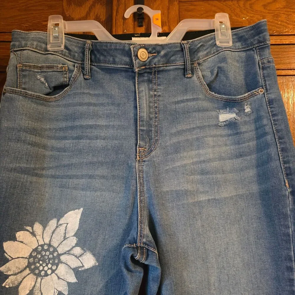 HANDCRAFTED Upcycled Denim Jeans HANDPAINTED Bell Bottoms Floral Design Size 14